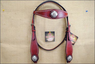 HILASON WESTERN LEATHER HORSE BRIDLE HEADSTALL CHERRY W/ CROSS GUN CONCHO S433