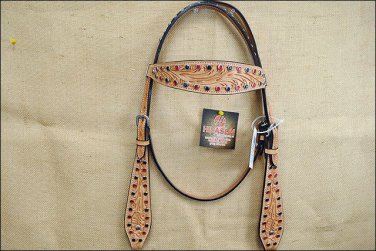 HILASON WESTERN HANDTOOLED LEATHER HORSE BRIDLE HEADSTALL W/ RHINESTONES S258