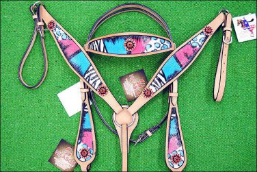 HILASON WESTERN HAND PAINT LEATHER HORSE BRIDLE HEADSTALL BREAST COLLAR CONCHO