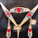 HILASON WESTERN LEATHER BRIDLE HEADSTALL BREAST COLLAR TAN W/ CROSS GUN & HEART