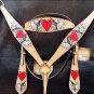 HILASON WESTERN LEATHER BRIDLE HEADSTALL BREAST COLLAR TAN W/ CROSS GUN & HEART