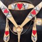 HILASON WESTERN LEATHER BRIDLE HEADSTALL BREAST COLLAR TAN W/ CROSS GUN & HEART