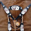 HILASON WESTERN LEATHER BRIDLE HEADSTALL BREAST COLLAR - BLACK W/ PLAYING CARDS