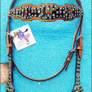 WESTERN LEATHER HORSE BRIDLE HEADSTALL GREEN ZEBRA HAIR ON RHINESTONE HS205S