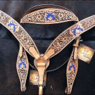 HILASON WESTERN LEATHER BROWN INLAY HEADSTALL BREAST COLLAR TAN BLUE CROSS GUN