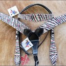 NEW WESTERN ZEBRA HAIRON LEATHER HORSE HEADSTALL BREAST COLLAR RHINESTONE - S68