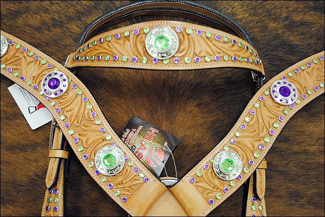 BE BAR H EQUINE Western Handtooled Leather Horse Headstall & Breast Collar Set