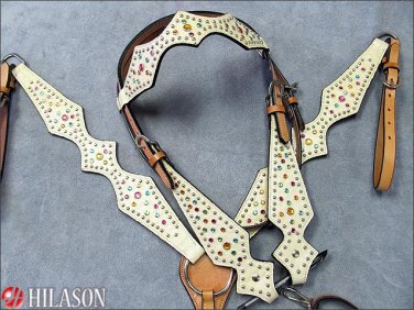 WESTERN CREAM OSTRICH LEATHER HORSE HEADSTALL BREAST COLLAR CRYSTALS - F
