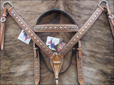 WESTERN LEATHER DIAMOND SILVER STUDS HORSE BRIDLE HEADSTALL BREAST COLLAR S344