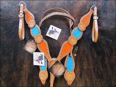 WESTERN HAND PAINTED INLAY LEATHER HORSE TACK BRIDLE HEADSTALL BREAST COLLAR