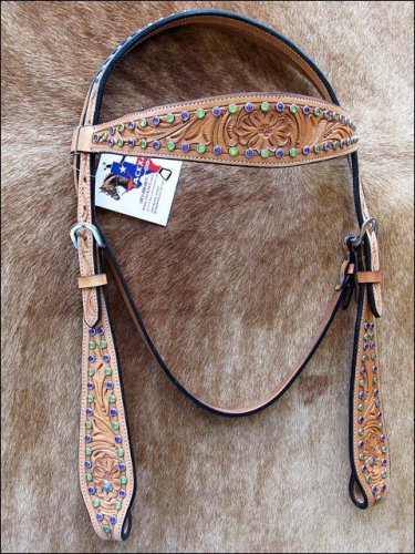 NEW HILASON WESTERN LEATHER TACK HAND TOOLED BRIDLE HEADSTALL RHINESTONE - TAN