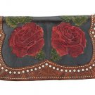 AMERICAN WEST ROSES ARE RED LADIES TRI-FOLD WALLET SNAP CLOSURE w/ SILVER SPOTS