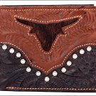 AMERICAN WEST LEATHER HAND TOOL LONGHORN SPOTS MENS BI-FOLD WALLET - CHOCOLATE