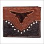 AMERICAN WEST LEATHER HAND TOOL LONGHORN SPOTS MENS BI-FOLD WALLET - CHOCOLATE
