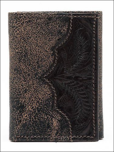 AMERICAN WEST LEATHER HAND TOOL MENS WALLET - CHOCOLATE / DISTRESSED BROWN