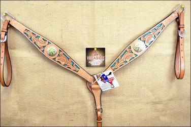 NEW HILASON WESTERN TURQUOISE LEATHER LEATHER HORSE BREAST COLLAR CONCHOS S069