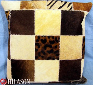 PL247F- HILASON COWHIDE LEATHER HAIR-ON PATCHWORK CUSHION PILLOW COVER