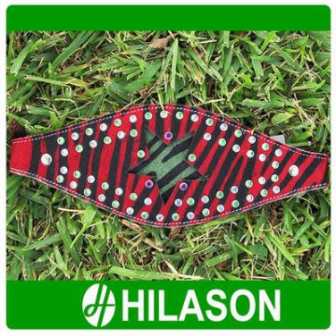F-006 BRONC COWBOY LEATHER NOSEBAND HALTER RED ZEBRA HAIR ON RHINESTONE CRYSTAL