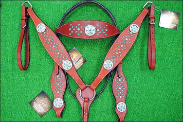 HILASON WESTERN LEATHER HORSE BRIDLE HEADSTALL BREAST COLLAR CHERRY W/ CONCHO -S