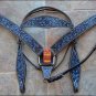 HILASON WESTERN LEATHER BRIDLE HEADSTALL BREAST COLLAR BLACK TURQUOISE INLAY