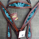 HILASON WESTERN LEATHER HORSE HEADSTALL BREAST COLLAR FLORAL TURQUOISE PAINTED