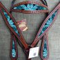 HILASON WESTERN LEATHER HORSE HEADSTALL BREAST COLLAR FLORAL TURQUOISE PAINTED