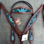 HILASON WESTERN LEATHER HORSE HEADSTALL BREAST COLLAR FLORAL TURQUOISE PAINTED