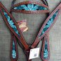 HILASON WESTERN LEATHER HORSE HEADSTALL BREAST COLLAR FLORAL TURQUOISE PAINTED
