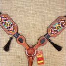 HILASON WESTERN LEATHER HORSE BREAST COLLAR TAN W/ BEADED INLAY
