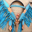 HILASON WESTERN LEATHER BRIDLE HEADSTALL BREAST COLLAR TAN TURQUOISE w/ FRINGES