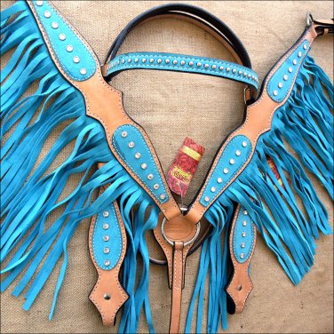 HILASON WESTERN LEATHER BRIDLE HEADSTALL BREAST COLLAR TAN TURQUOISE w/ FRINGES