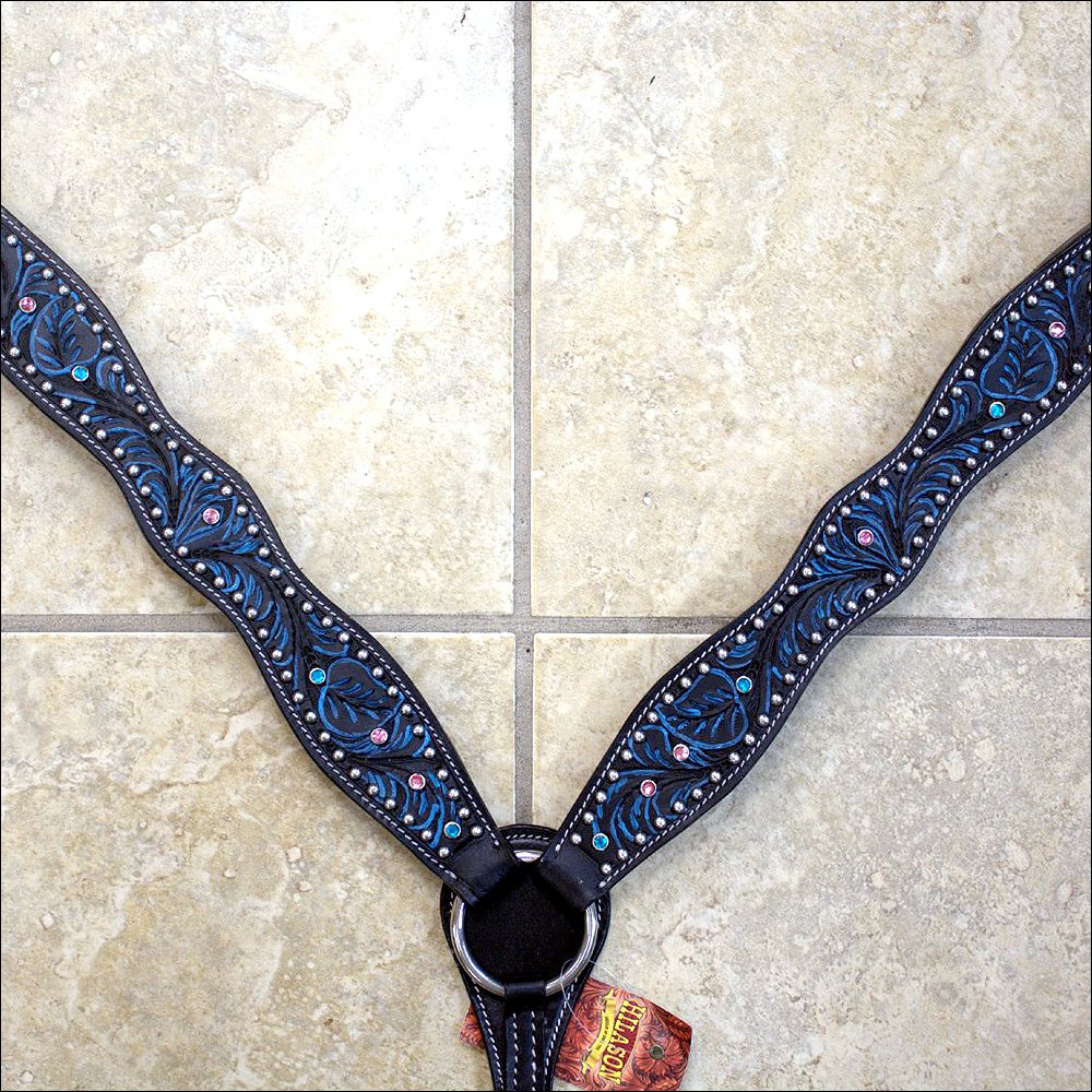HILASON WESTERN LEATHER HORSE BREAST COLLAR BLACK TURQUOISE INLAY