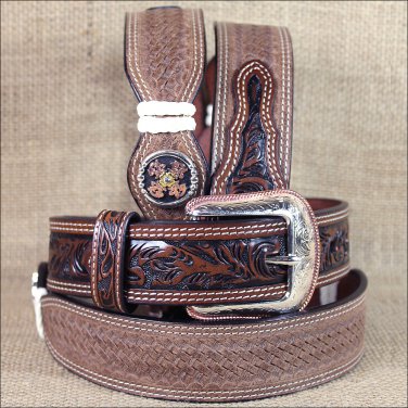 44x1 1/2" 3D BROWN MENS WESTERN FASHION FLORAL LEATHER BELT REMOVABLE BUCKLE