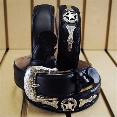BLACK JUSTIN ODESSA WESTERN TOOLED LEATHER MEN'S BELT WITH SHOW STAR CONCHO