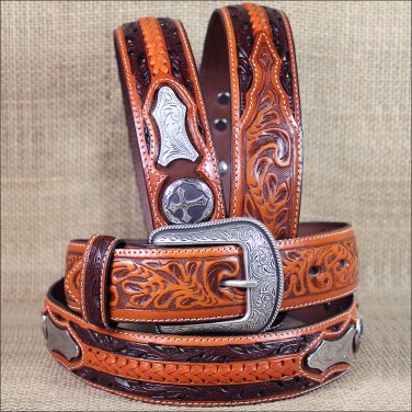 44x1 1/2" 3D NATURAL MENS WESTERN FASHION FLORAL LEATHER BELT REMOVABLE BUCKLE