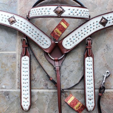 HILASON WESERN LEATHER HORSE HEADSTALL BREAST COLLAR BROWN WHITE HAIR ON
