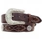 X LARGE 1 1/2" M&F WESTERN BROWN LEATHER CONCHO NOCONA BELT W/ FLORAL BUCKLE