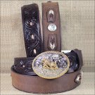 28 X 1 1/4" 3D DARK BROWN BOYS WESTERN FASHION LEATHER BELT W/ SILVER CONCHO