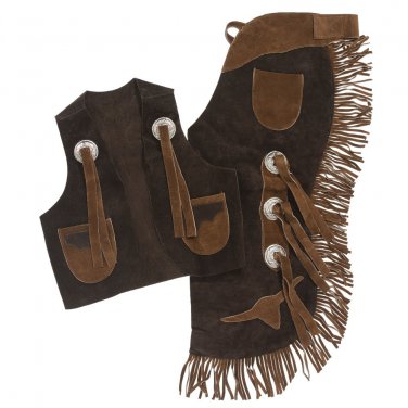 SMALL TOUGH 1 YOUTH SPLIT LEATHER 2 POCKET VEST & CHAP SET W/ LONGHORNS BROWN