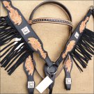 WESTERN LEATHER HORSE HEADSTALL BRIDLE BREAST COLLAR BLACK BROWN FRINGES