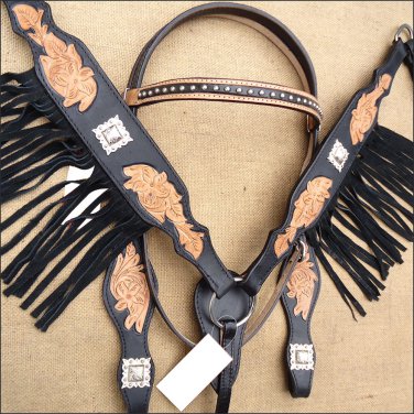 WESTERN LEATHER HORSE HEADSTALL BRIDLE BREAST COLLAR BLACK BROWN FRINGES