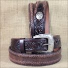 34x1 1/2" 3D DARK BROWN MEN WESTERN FASHION FLORAL LEATHER BELT REMOVABLE BUCKLE