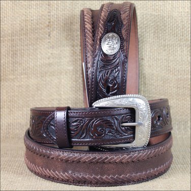 34x1 1/2" 3D DARK BROWN MEN WESTERN FASHION FLORAL LEATHER BELT REMOVABLE BUCKLE