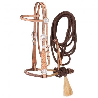TOUGH 1 LEATHER FLORAL BROWBHEADSTALL 5/8" TWO TONE BOSAL CORD MECATE LIGHT OIL