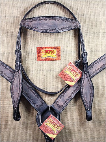 S21 HILASON WESTERN LEATHER HORSE HEADSTALL BRIDLE BREAST COLLAR BARB WIRE BLACK
