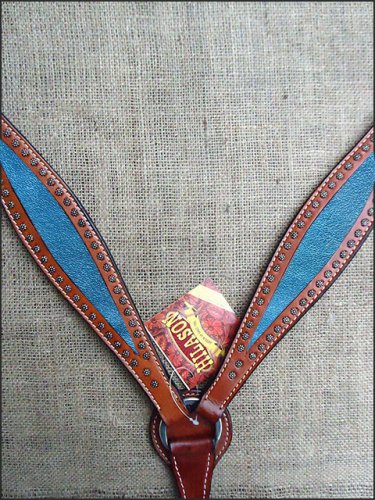 S- HILASON WESTERN LEATHER HORSE BREAST COLLAR MAHOGANY METALLIC TURQUOISE INLAY