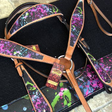 HILASON WESTERN LEATHER HORSE HEADSTALL BREAST COLLAR BLANKET SPLATTER PAINTED
