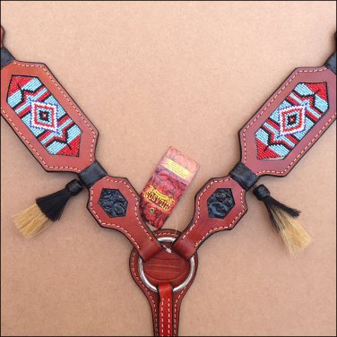 HILASON WESTERN LEATHER BREAST COLLAR MAHOGANY BEADED INLAY HAIR TASSEL