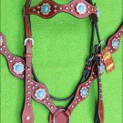 HILASON WESTERN LEATHER HORSE HEADSTALL BREAST COLLAR MAHOGANY TURQUOISE CONCHO