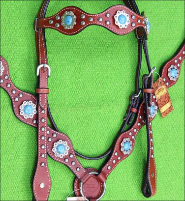 HILASON WESTERN LEATHER HORSE HEADSTALL BREAST COLLAR MAHOGANY TURQUOISE CONCHO